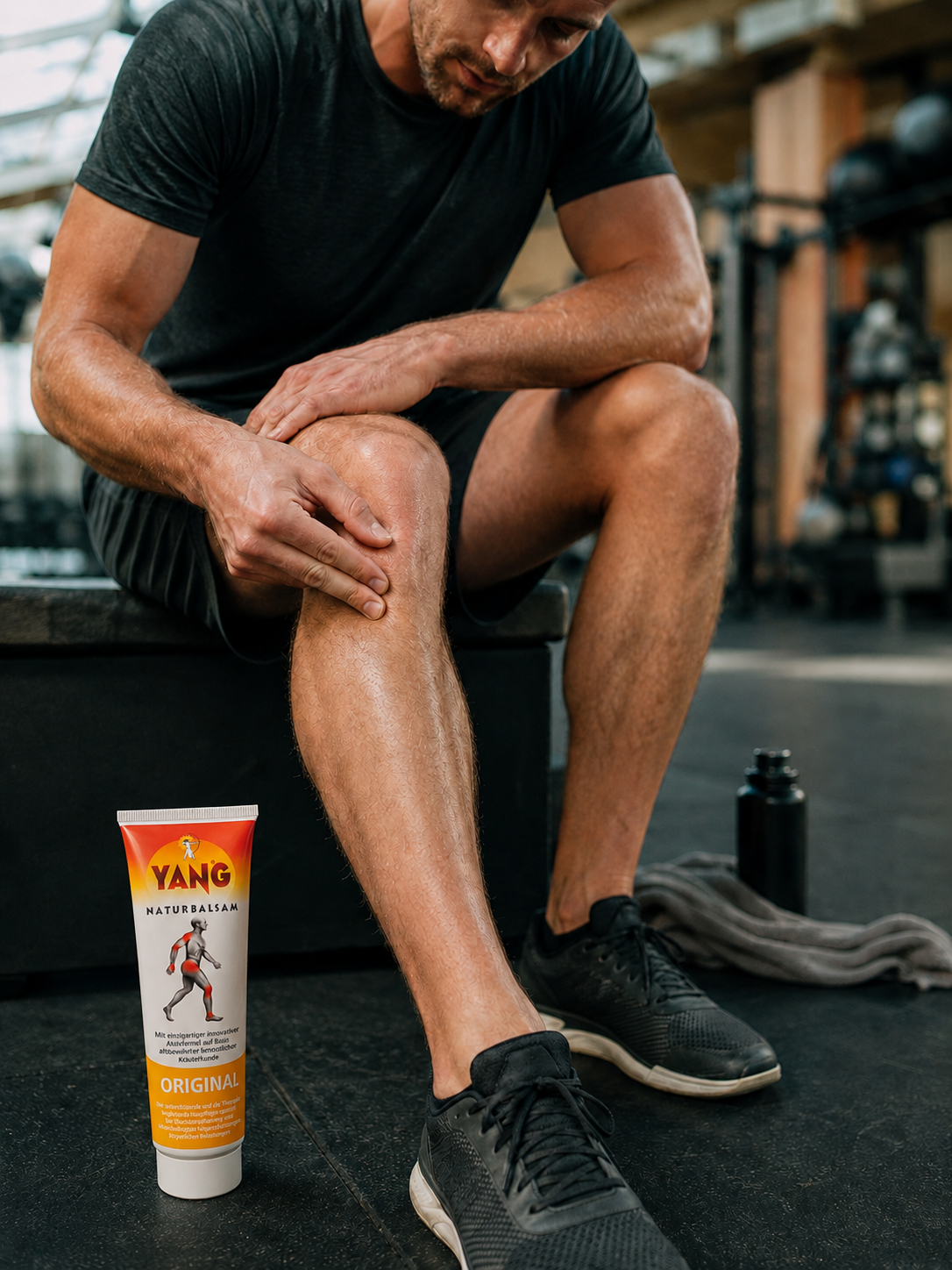 Sportler massiert den YANG Naturbalsam in sein Knie ein