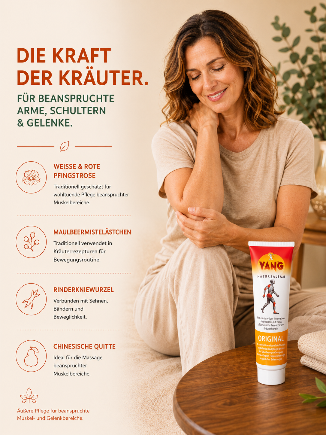 Frau schmiert ihren Ellenbogen mit YANG Balsam ein und Infographics zu der Kräuterwirkung