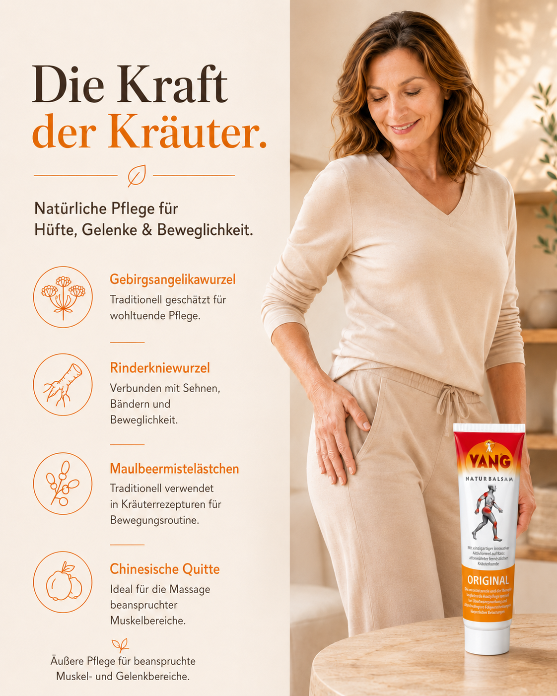 Frau schaut auf den YANG Balsam und Infographics zu der Kräuterwirkung