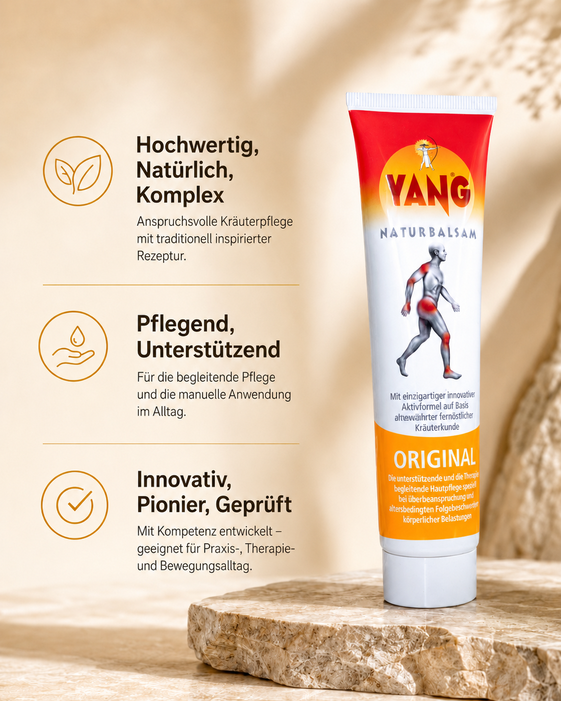 3/4 Sicht auf YANG Balsam mit Infographics zu Hochwertigkeit, Pflegend und Innovation von YANG
