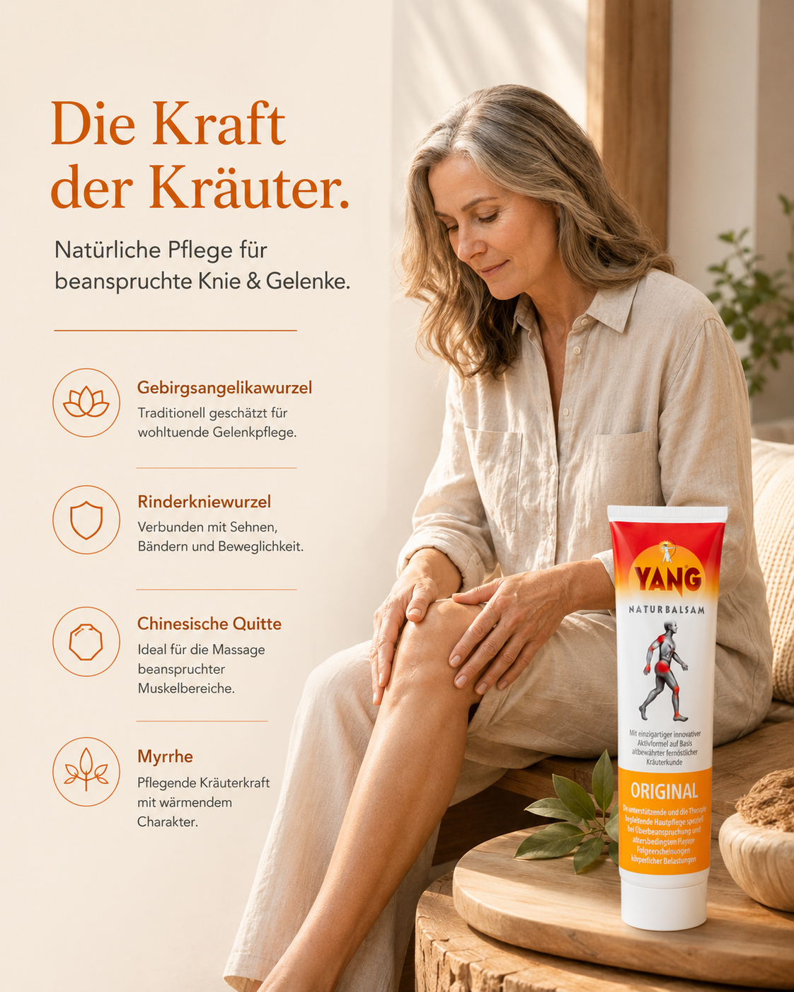 Frau schmiert ihr Knie mit YANG Balsam ein und Infographics zu der Kräuterwirkung