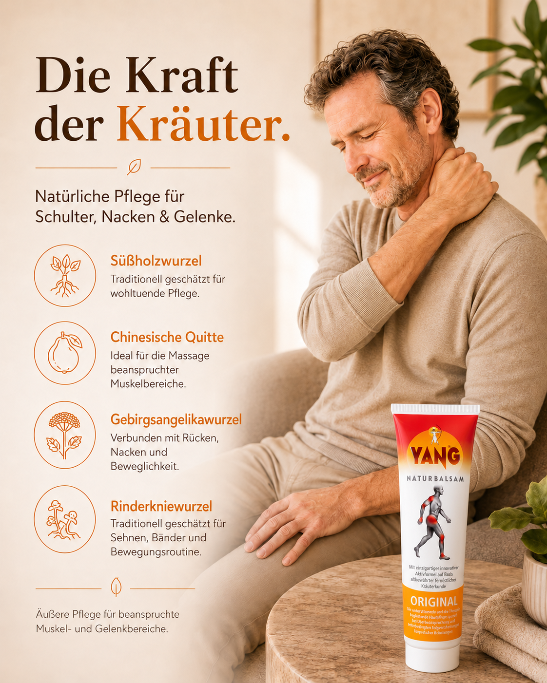Mann schmiert seinen Nacken mit YANG Balsam ein und Infographics zu der Kräuterwirkung