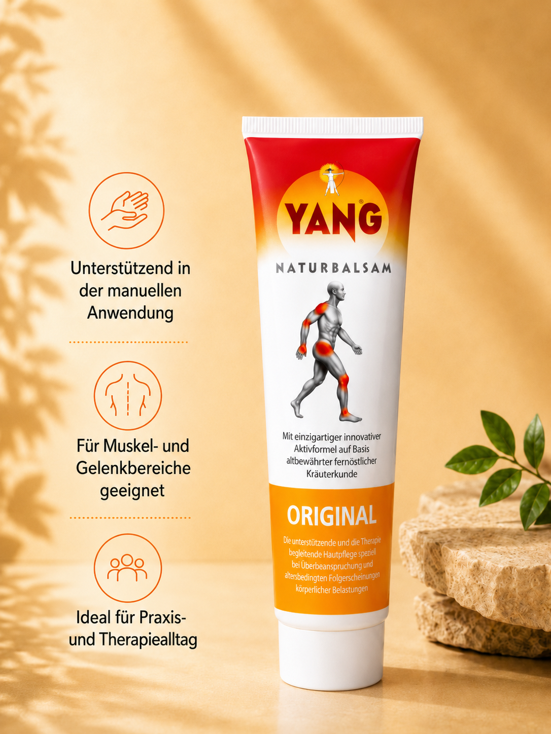 frontale Sicht auf YANG Balsam mit Infographics zu den Anwendungsgebieten des Balsams
