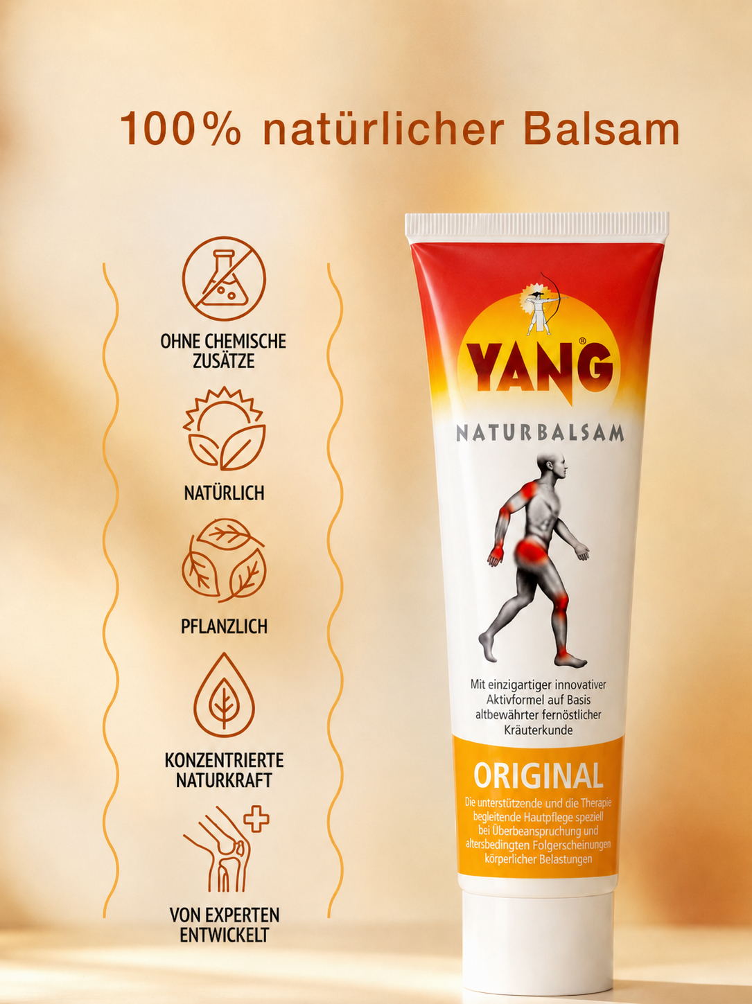 YANG Naturbalsam Tube mit Infographics zu den Values von YANG